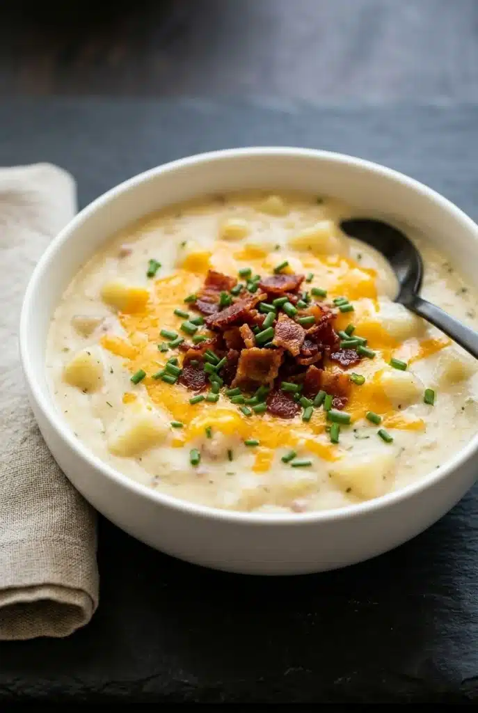 Absolutely Ultimate Potato Soup with cheese bacon and chives in bowl