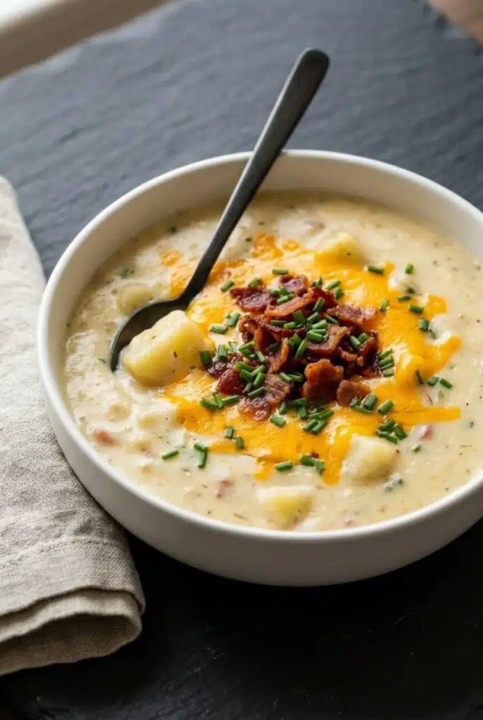 Creamy potato soup with cheese, bacon, and chives in a bowl