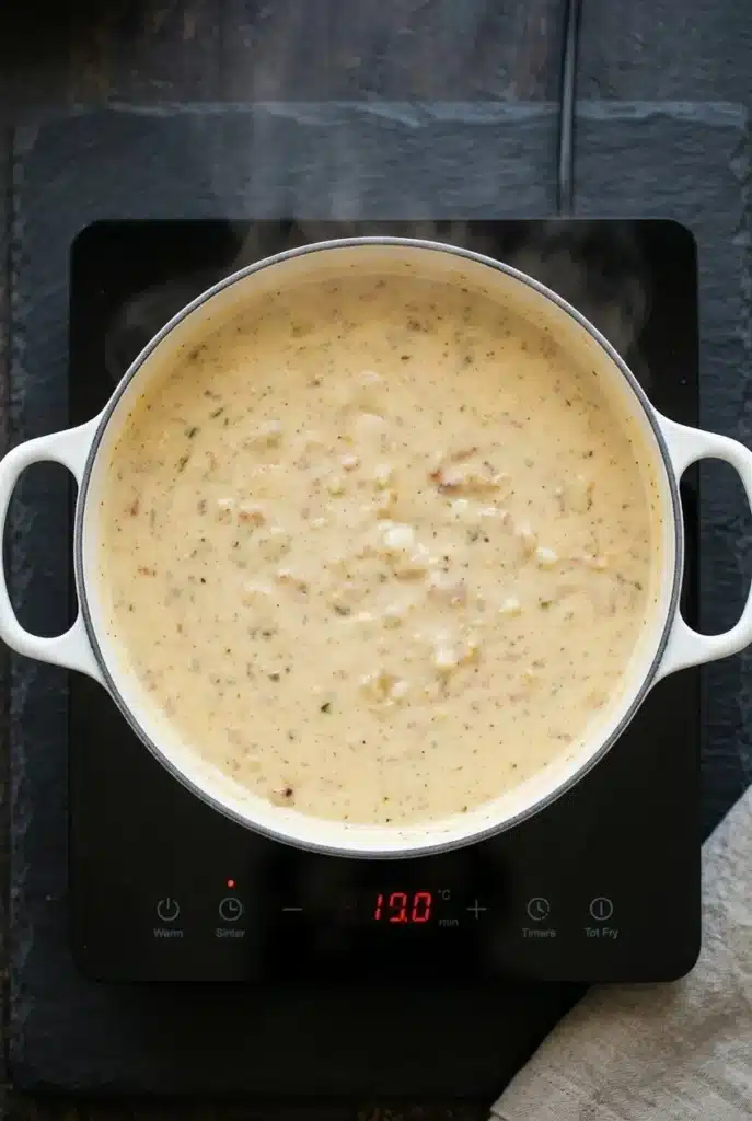 Absolutely Ultimate Potato Soup cooking in pot on stovetop