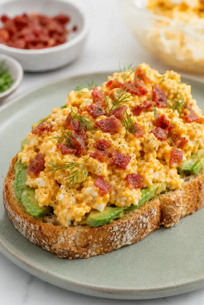Avocado Toast with creamy egg topping and crispy bacon