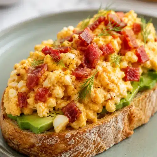 Creamy avocado toast with egg salad and crispy bacon on artisan bread