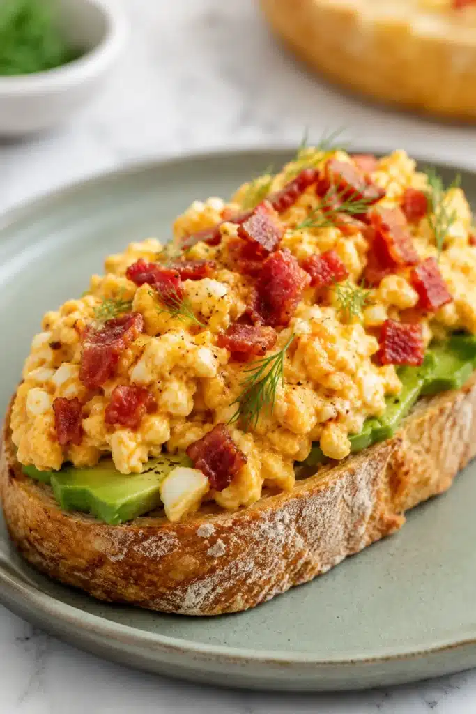 Creamy avocado toast with egg salad and crispy bacon on artisan bread