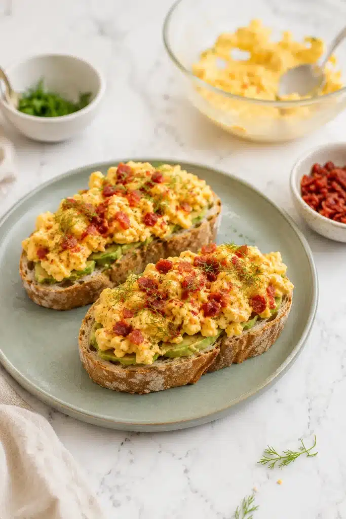 Avocado Toast with creamy egg topping and crispy bacon on artisan bread