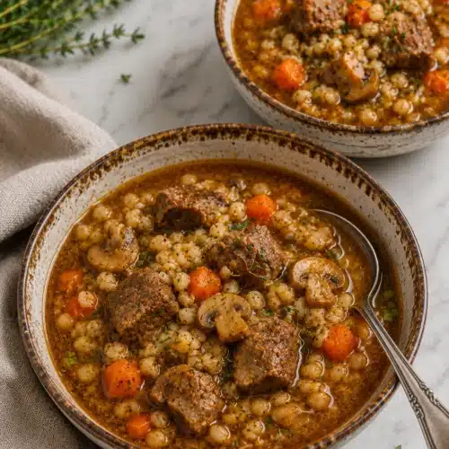 Beef Barley Soup served in bowls with tender beef and vegetables