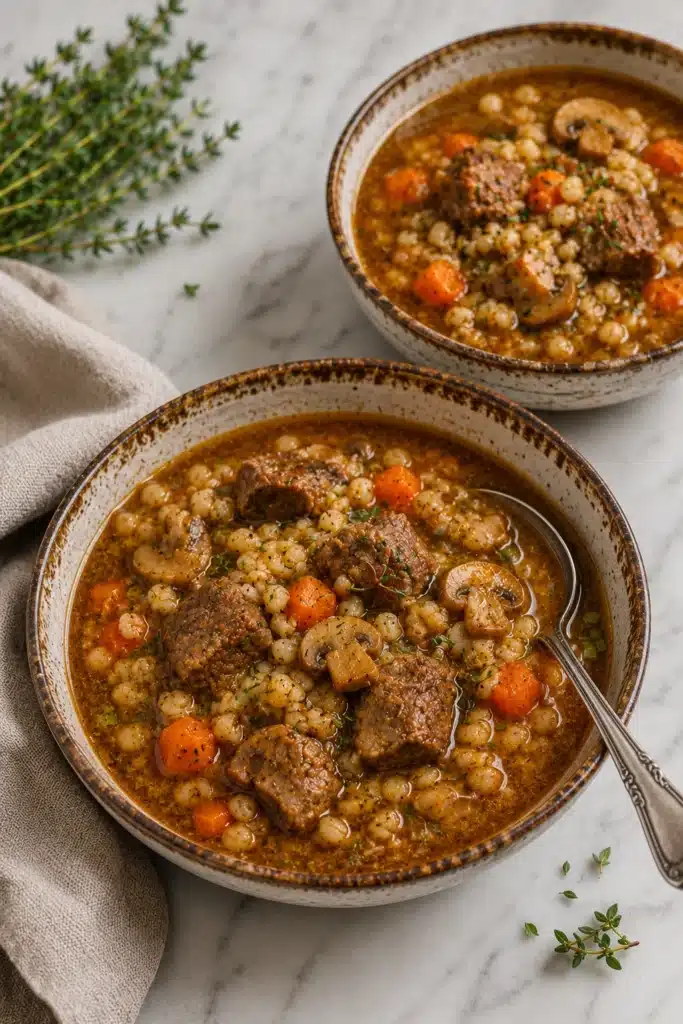 Beef Barley Soup served in bowls with tender beef and vegetables