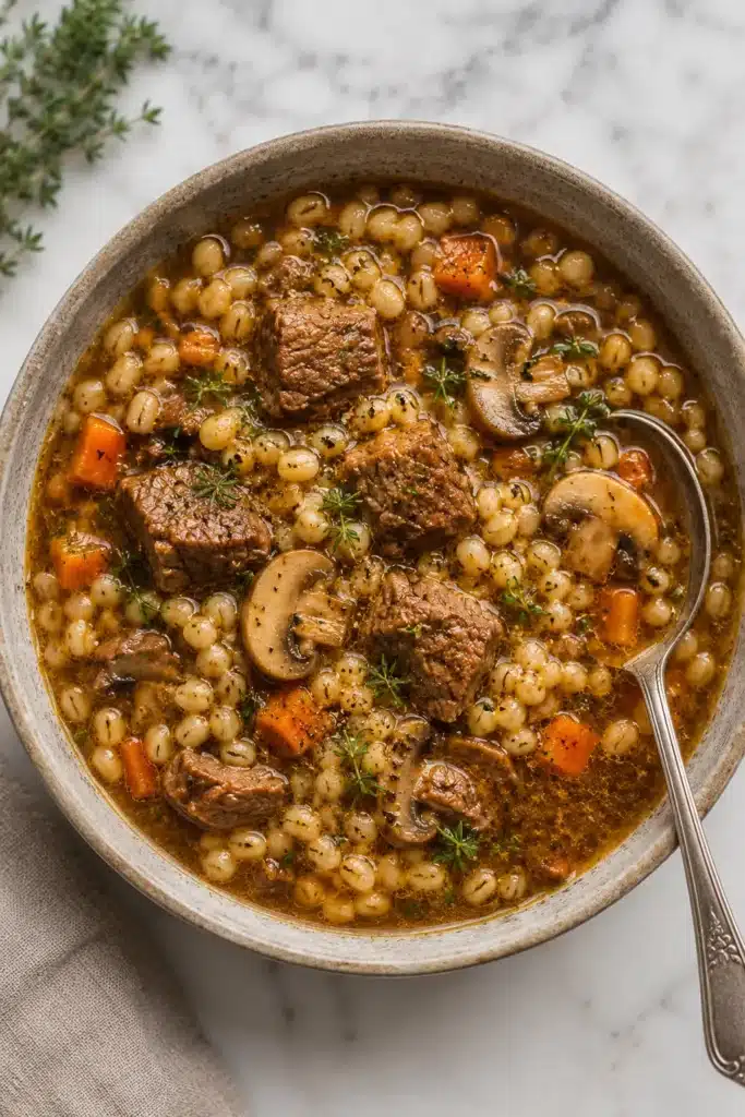 Beef Barley Soup with tender beef chunks and barley in rich broth