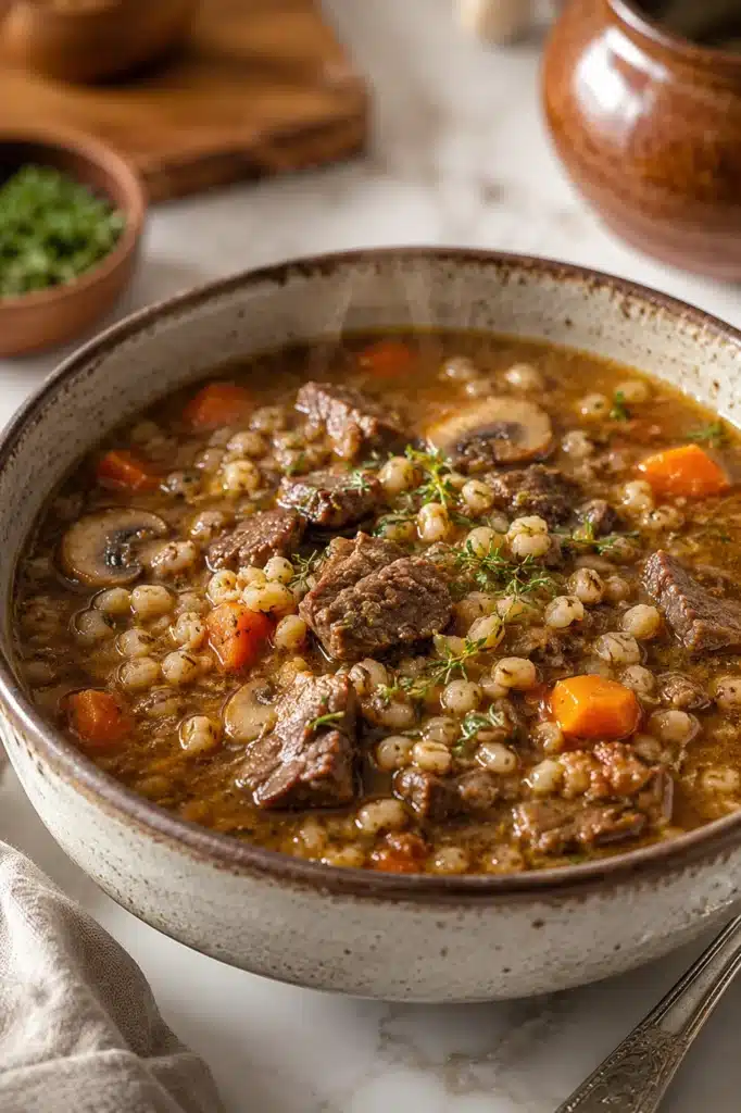 Beef barley soup with tender beef, mushrooms, and carrots in rich broth