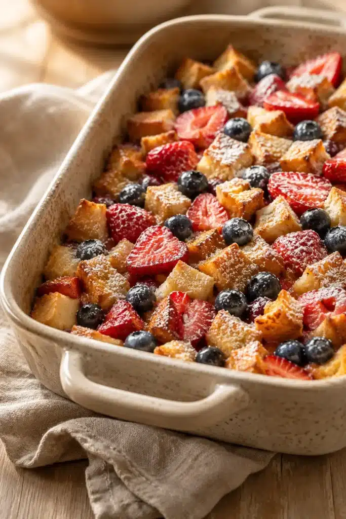 Berry French toast casserole with strawberries, blueberries, and powdered sugar in baking dish
