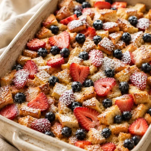Berry French Toast Casserole close up with strawberries blueberries and powdered sugar