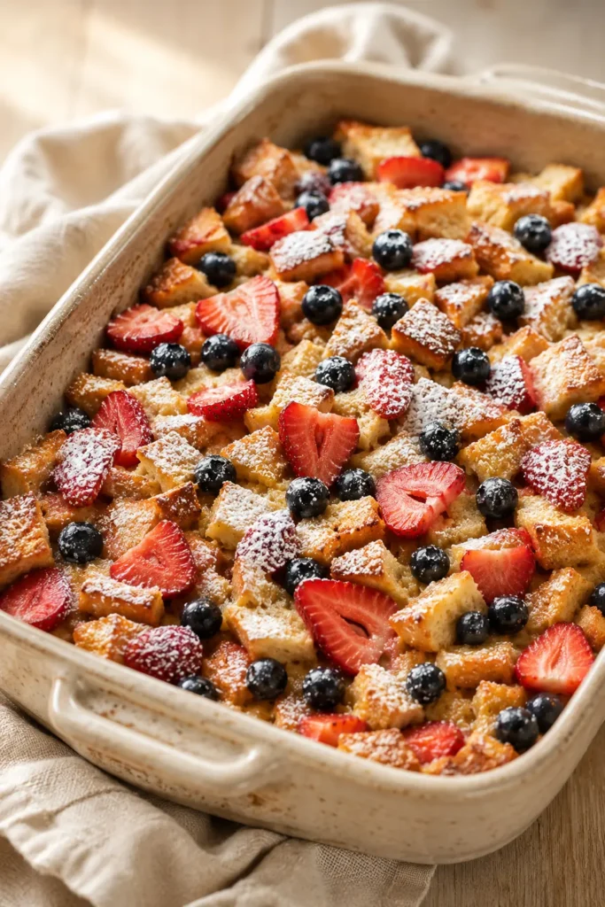 Berry French Toast Casserole close up with strawberries blueberries and powdered sugar