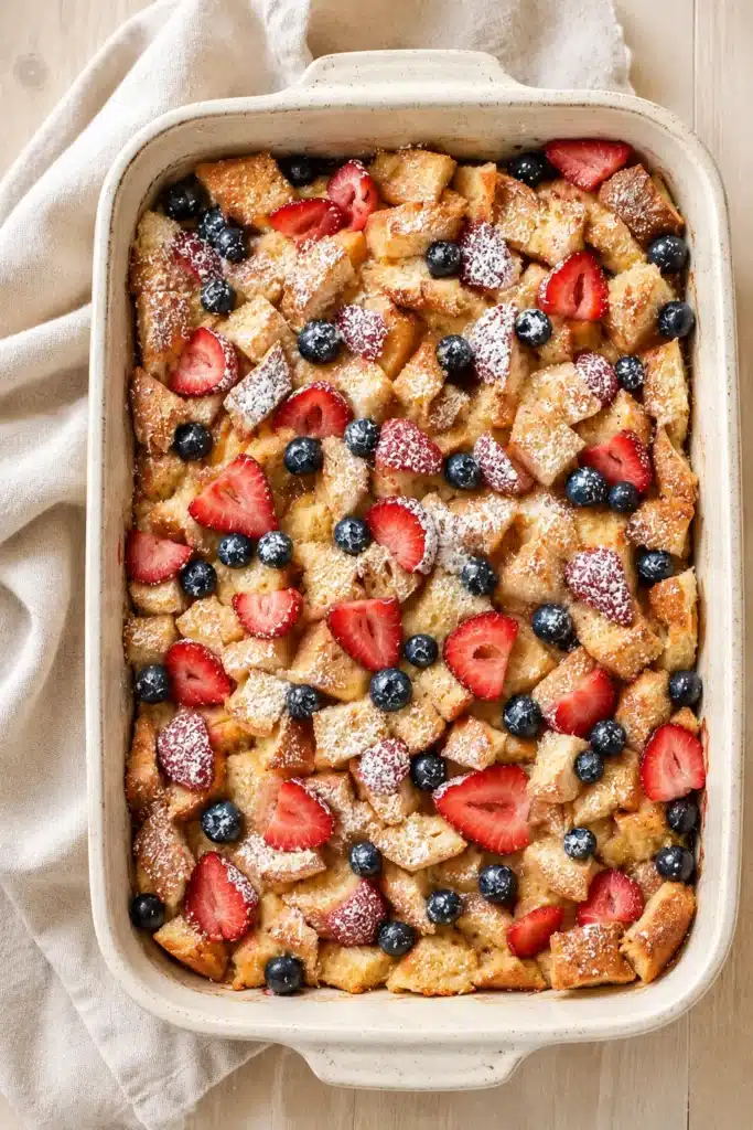 Berry French Toast Casserole baked with strawberries, blueberries, and powdered sugar topping