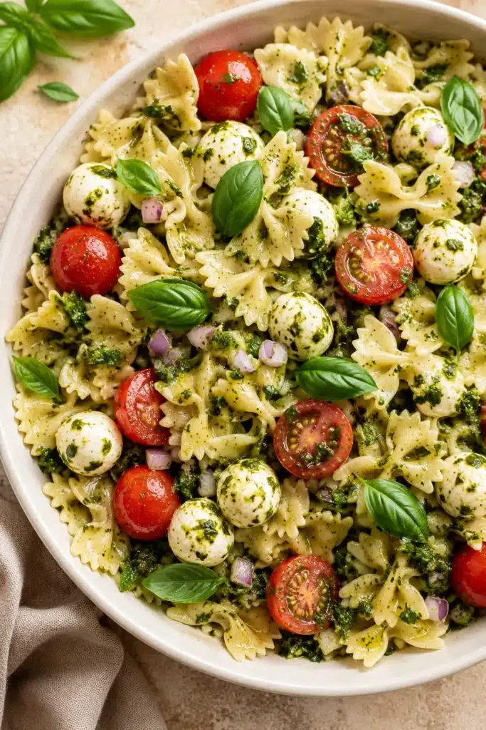 Bow Tie Pasta Salad with pesto, mozzarella, cherry tomatoes, and basil