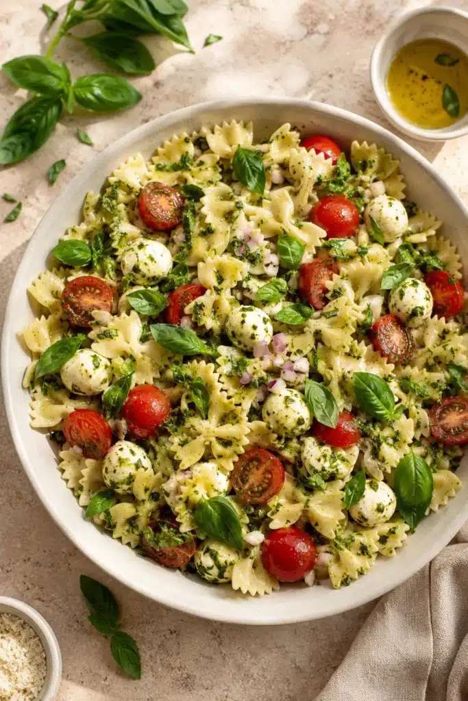Bow Tie Pasta Salad with pesto, mozzarella, cherry tomatoes, and fresh basil in a serving bowl