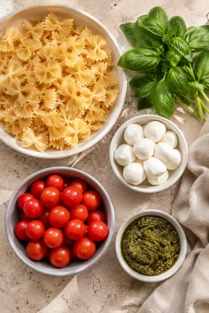 Bow Tie Pasta Salad ingredients including farfalle, basil, mozzarella, cherry tomatoes, and pesto