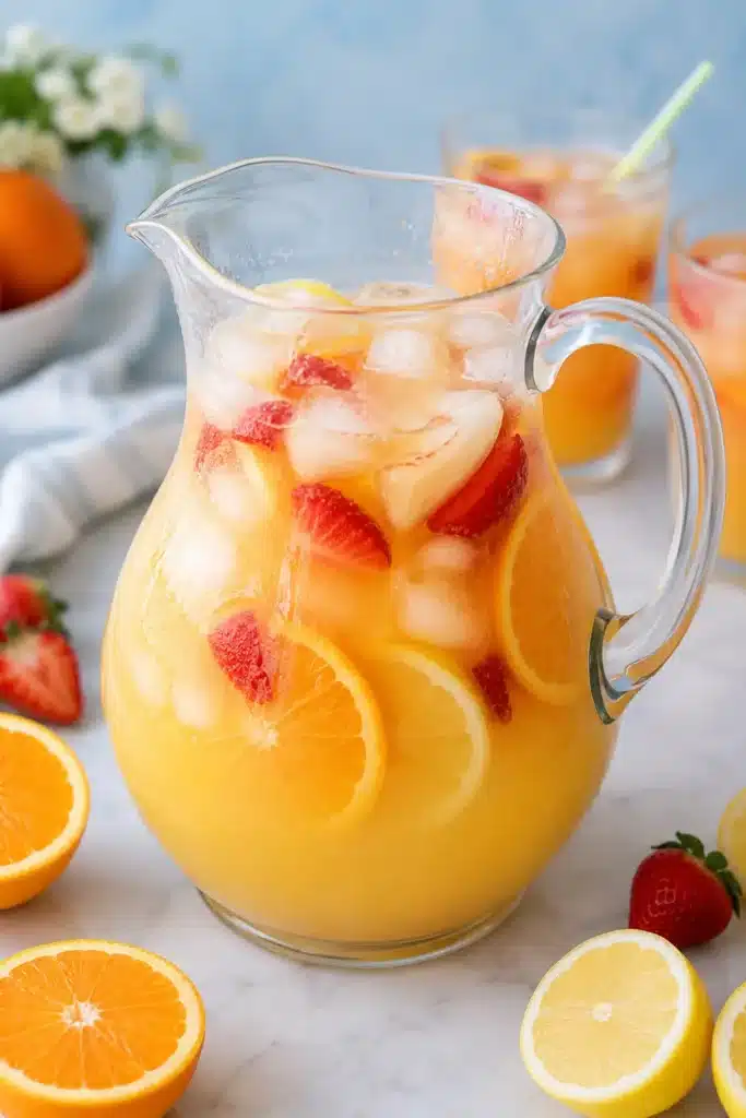 Breakfast Punch in glass pitcher with strawberries, citrus slices, and ice