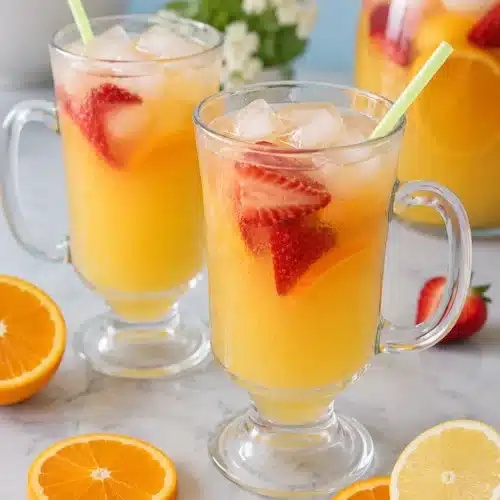 Breakfast Punch served in glass mugs with citrus slices, strawberries, and ice