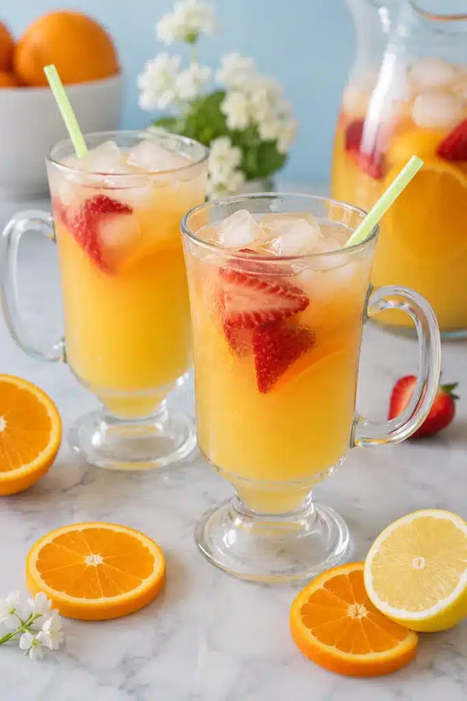 Breakfast Punch served in glass mugs with citrus slices, strawberries, and ice