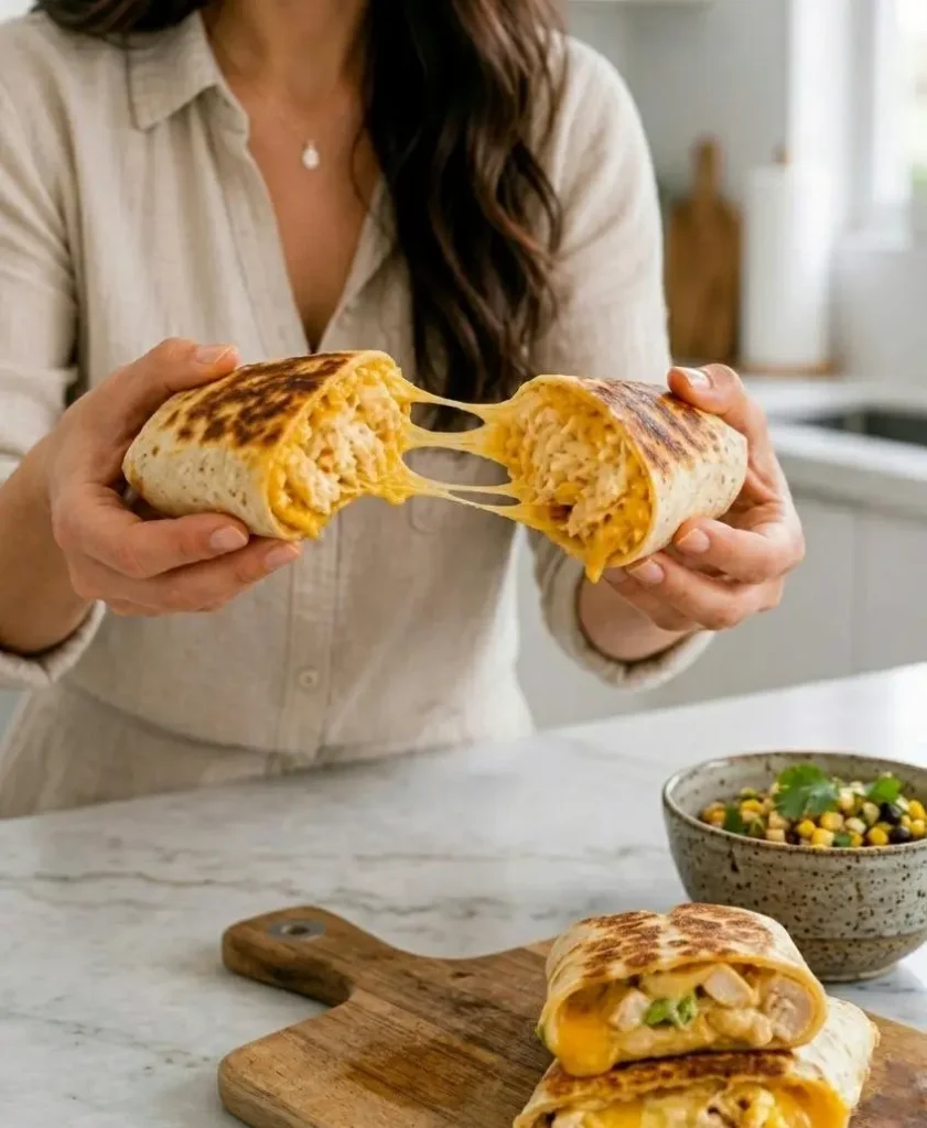 Cheesy Garlic Chicken Wraps with melted cheese and crispy tortilla close up