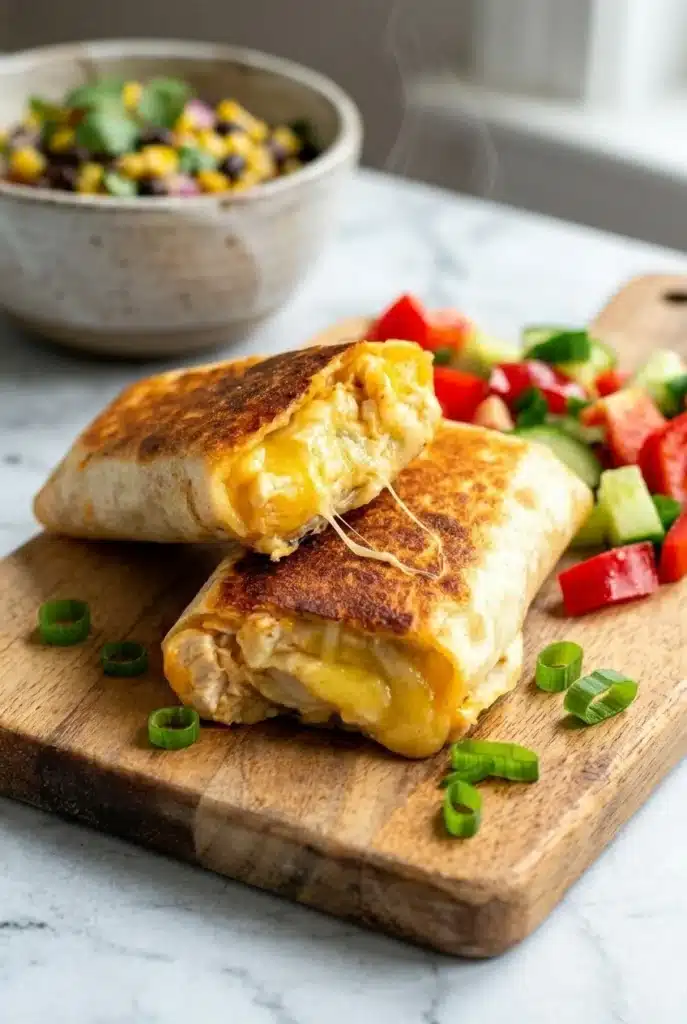 Cheesy garlic chicken wraps with melted cheese and crispy tortilla on cutting board