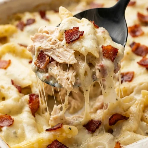 Chicken Bacon Ranch Casserole with gooey melted cheese and crispy bacon