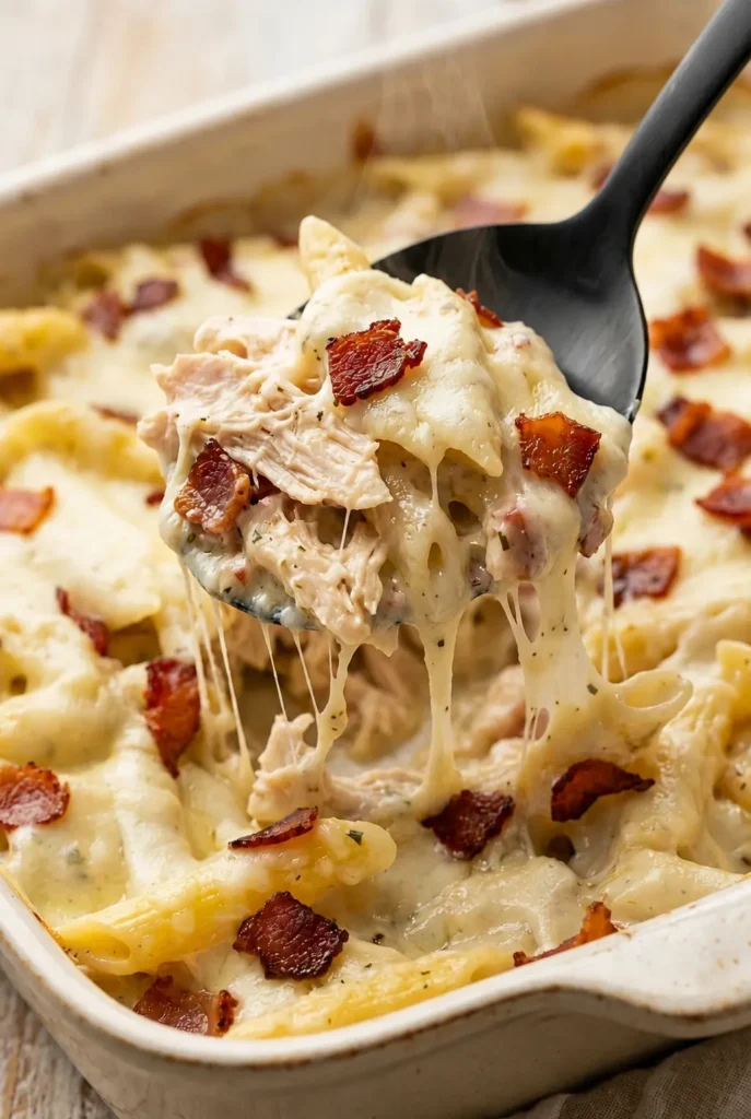 Chicken Bacon Ranch Casserole with gooey melted cheese and crispy bacon