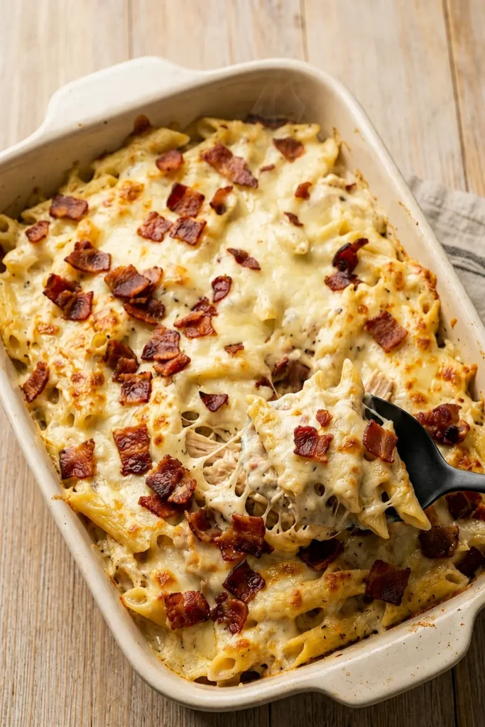 Chicken Bacon Ranch Casserole with melted cheese and crispy bacon topping