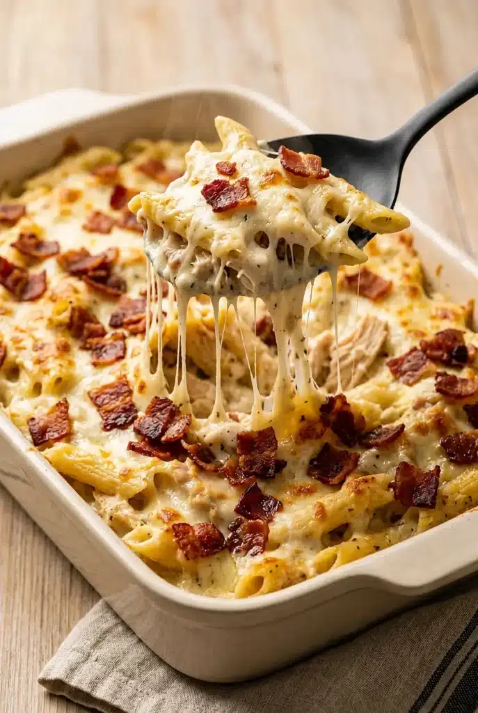 Creamy Chicken Bacon Ranch Casserole with melted cheese and crispy bacon
