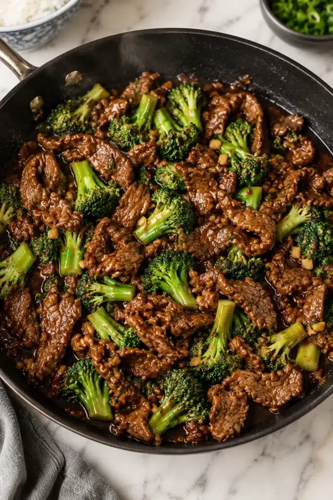 Chinese Beef and Broccoli stir fry in pan with glossy sauce