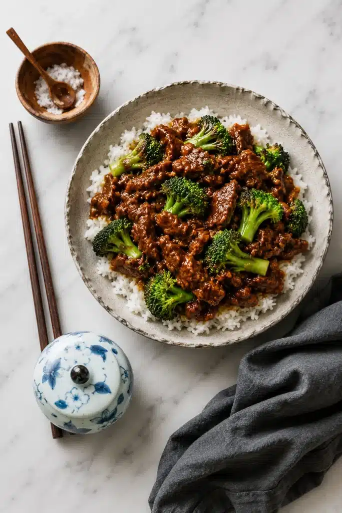 Chinese Beef and Broccoli served over white rice in bowl
