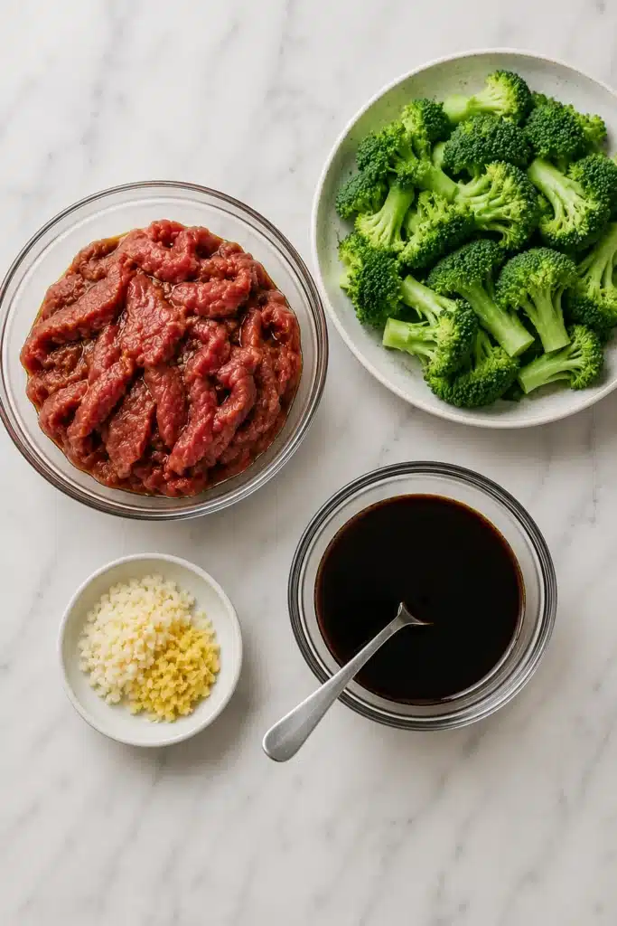Chinese Beef and Broccoli ingredients with beef broccoli and sauce
