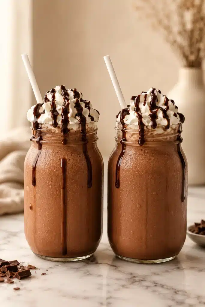 Creamy chocolate smoothie topped with whipped cream and chocolate drizzle in glass jars