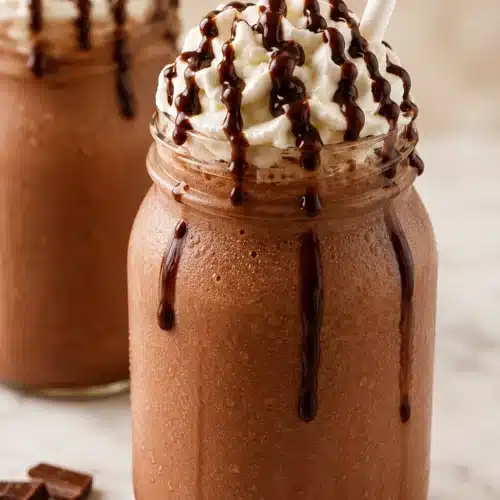 Chocolate Smoothie topped with whipped cream and chocolate drizzle