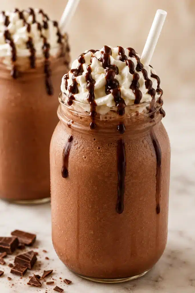 Chocolate Smoothie topped with whipped cream and chocolate drizzle