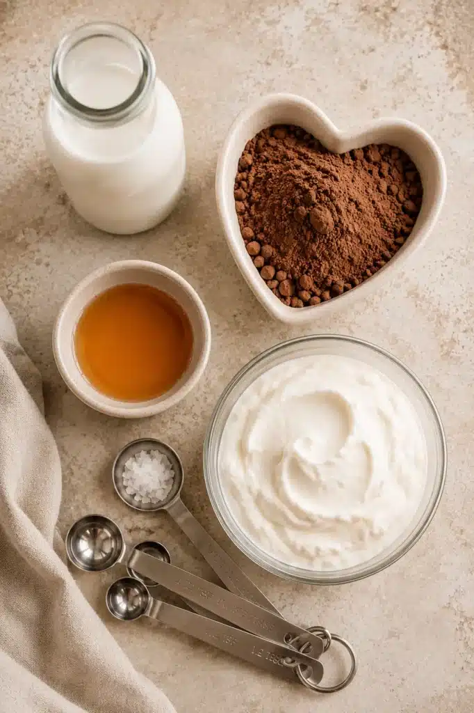 Chocolate Smoothie ingredients including yogurt, cocoa powder, milk, and sweetener