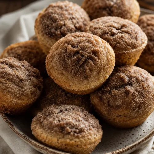 Fresh cinnamon muffins with sugar topping on a plate