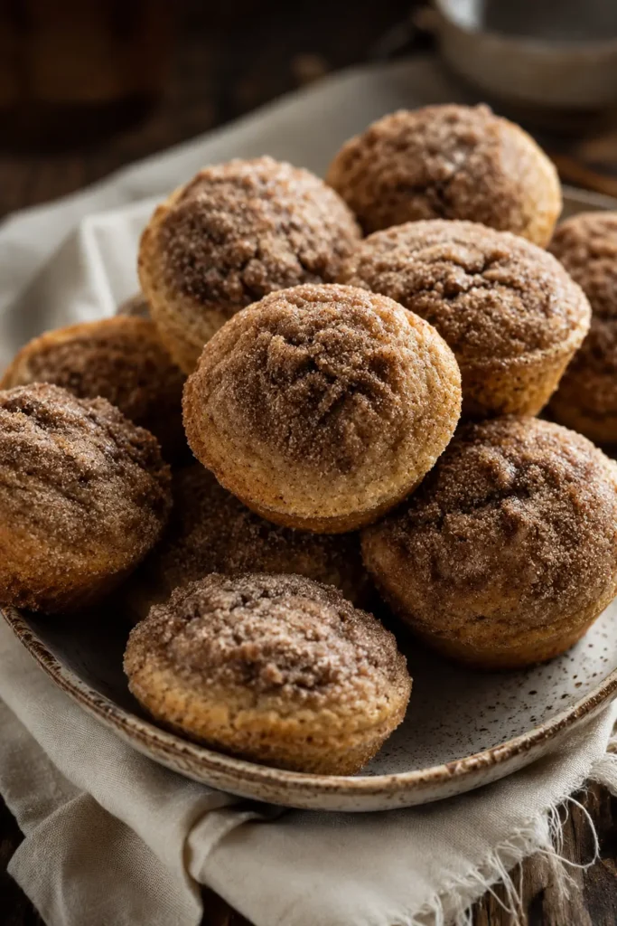 Fresh cinnamon muffins with sugar topping on a plate