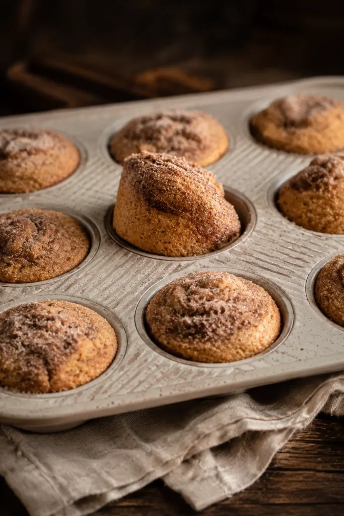 Cinnamon muffins baking in muffin tin with sugar topping