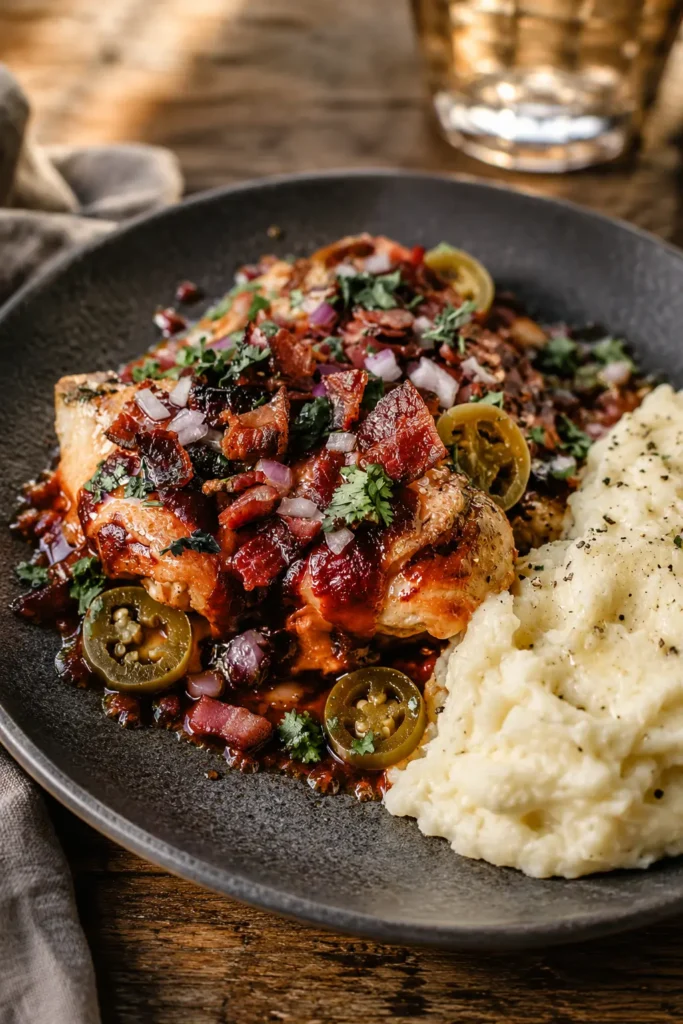 Cowboy BBQ Bacon Cheddar Chicken with bacon, BBQ sauce, jalapeños, and mashed potatoes