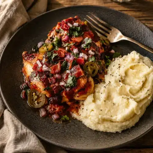 Cowboy BBQ Bacon Cheddar Chicken with mashed potatoes and bacon toppings