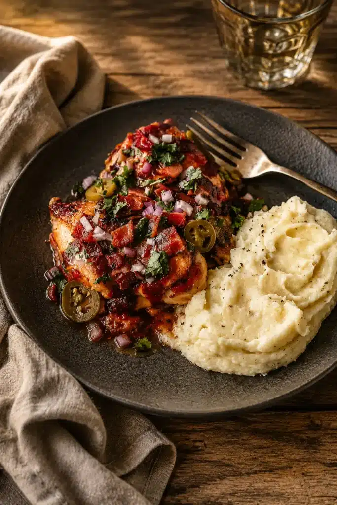 Cowboy BBQ Bacon Cheddar Chicken with mashed potatoes and bacon toppings