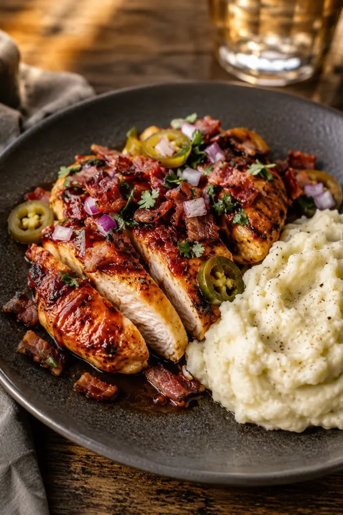 Cowboy BBQ Bacon Cheddar Chicken sliced with bacon and mashed potatoes