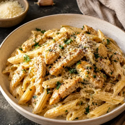Creamy garlic parmesan chicken pasta with penne, grilled chicken, and parmesan cheese