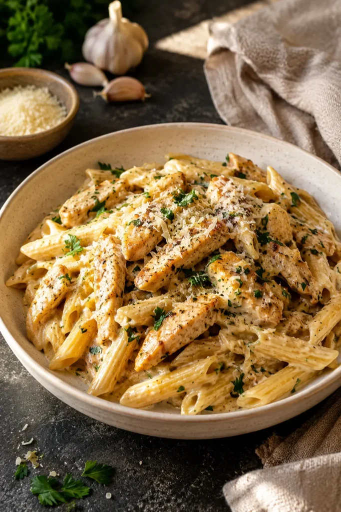 Creamy garlic parmesan chicken pasta with penne, grilled chicken, and parmesan cheese