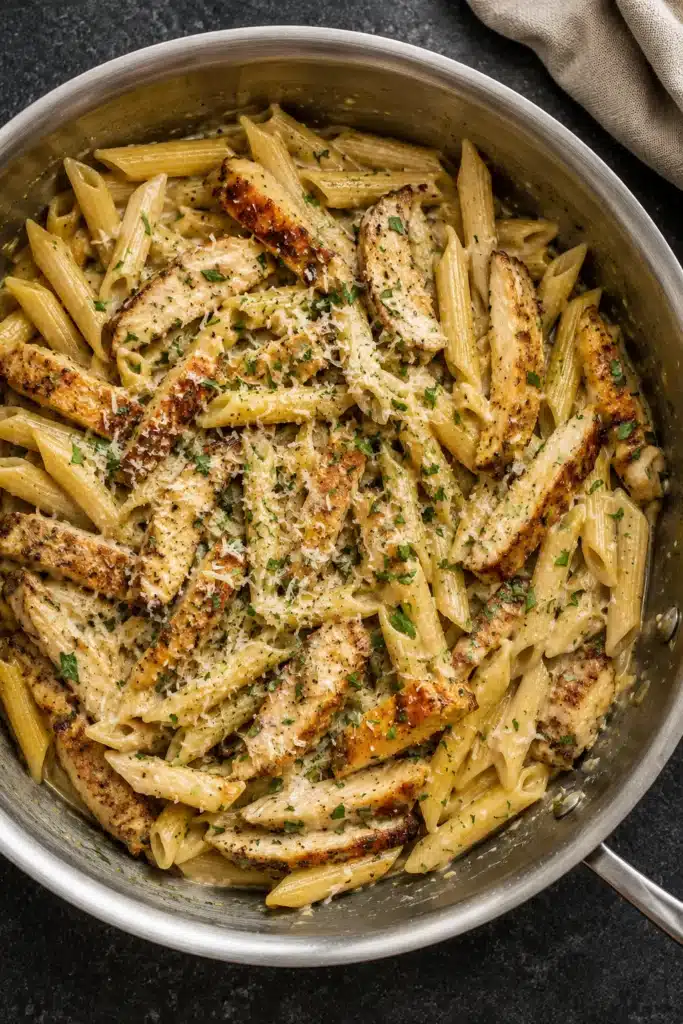 Creamy garlic parmesan chicken pasta cooking in skillet with penne and seared chicken