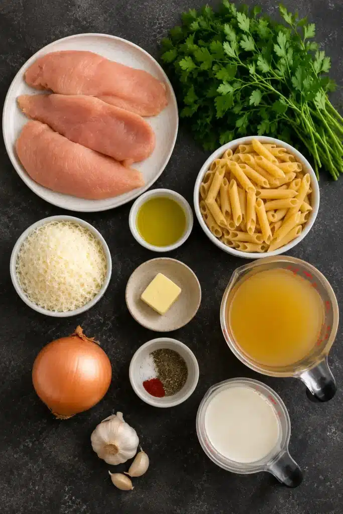 Ingredients for creamy garlic parmesan chicken pasta including chicken, penne, parmesan, and herbs