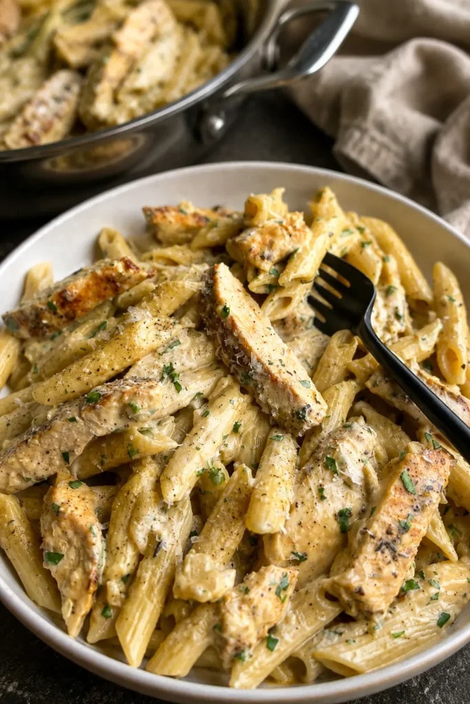 Creamy garlic parmesan chicken pasta with penne and seared chicken in rich sauce