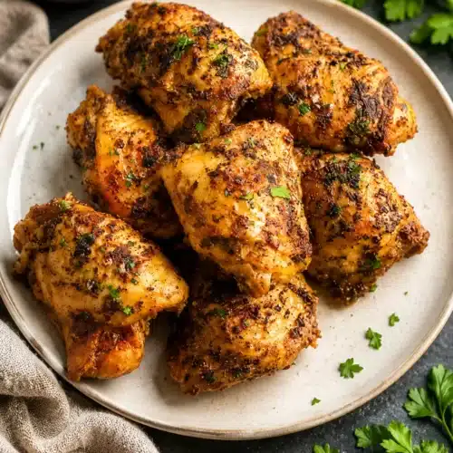 Crispy oven baked chicken thighs with herbs on a plate