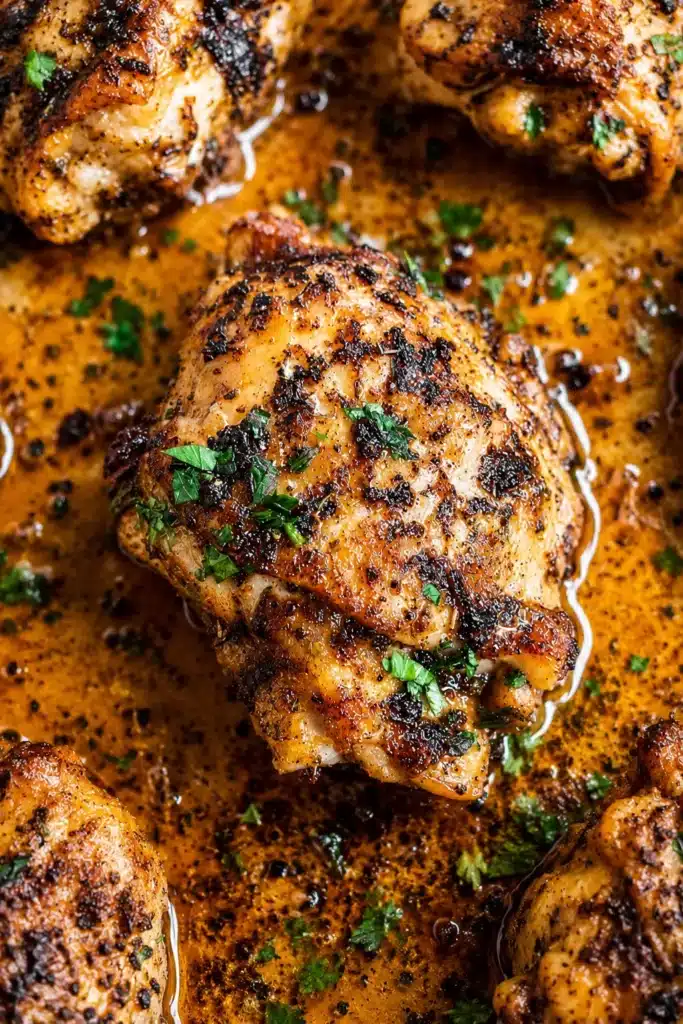 Close up of oven baked chicken thighs with crispy skin and juices