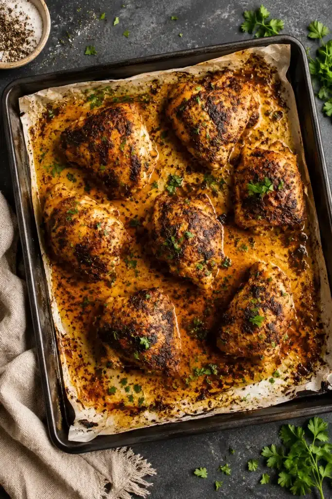 Oven baked chicken thighs on tray with crispy skin and juices