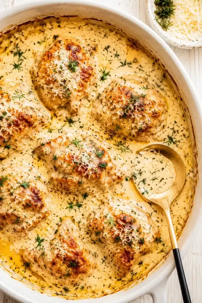 Creamy oven baked chicken thighs in garlic Parmesan sauce with spoon